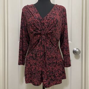 Daisy Fuentes Ruched Empire Top V-Neck 3/4 Sleeve Burgundy Black Marbled Large